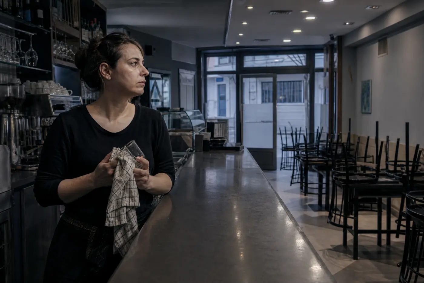 Barista a fine servizio, con le sedie già sui tavoli.