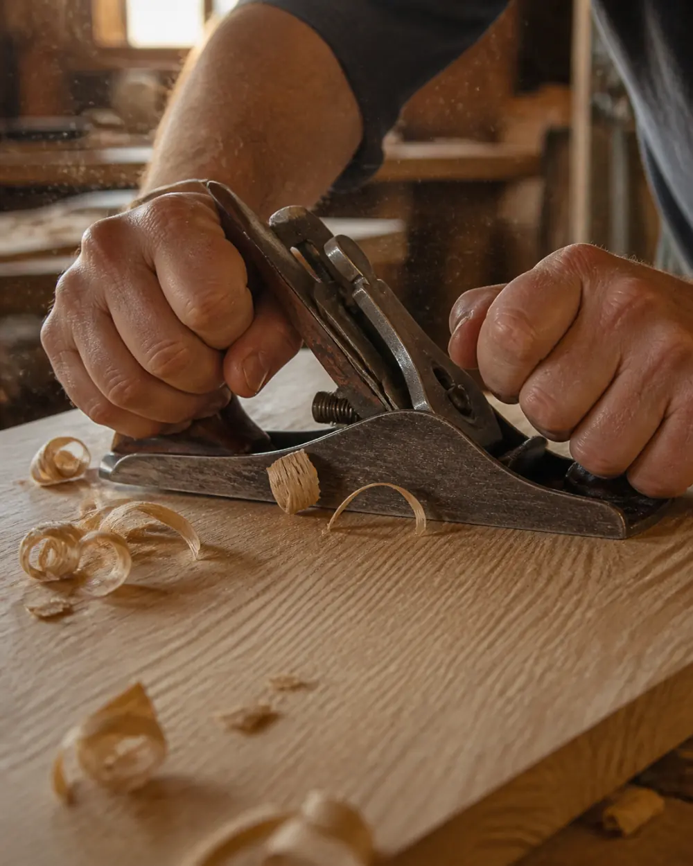 Le mani dell'artigiano spianano a mano il piano di rovere.